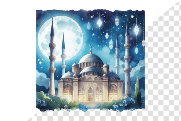 Download Eid Night Sky Mosque Serene Watercolor - Eid Collection